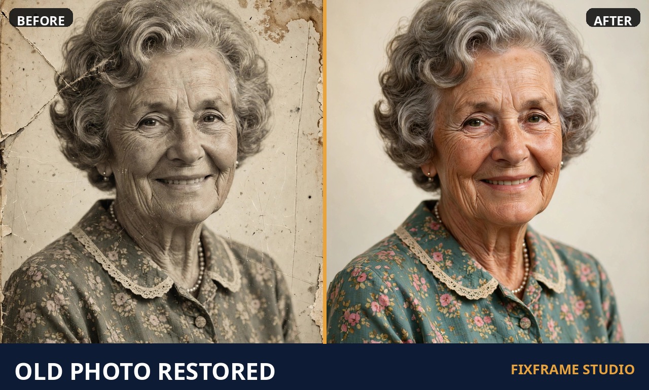 Before and after: restoration of a damaged family portrait