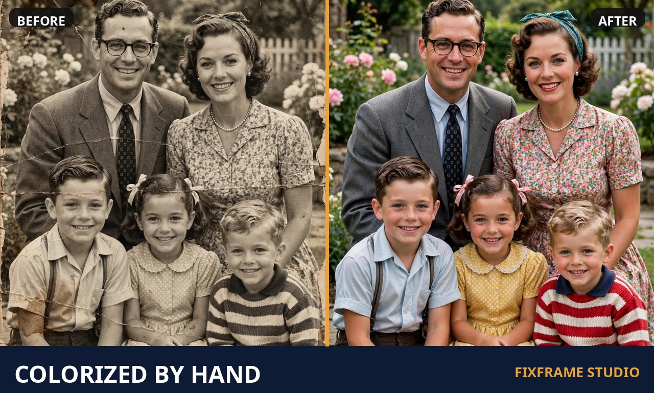 Before and after: black-and-white family photo colorized