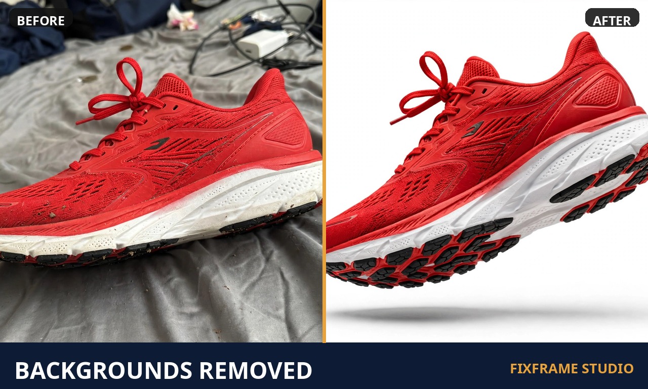 Before and after: shoe product photo background removed