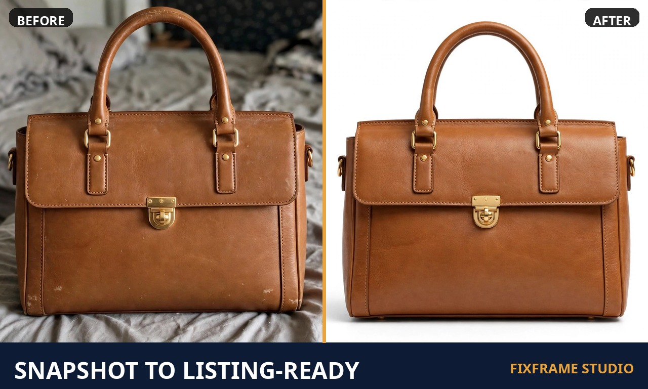 Before and after: handbag snapshot turned into a listing photo